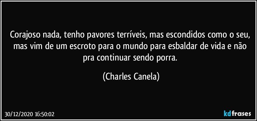 Corajoso nada, tenho pavores terríveis, mas escondidos como o seu, mas vim de um escroto para o mundo para esbaldar de vida e não pra continuar sendo porra. (Charles Canela)