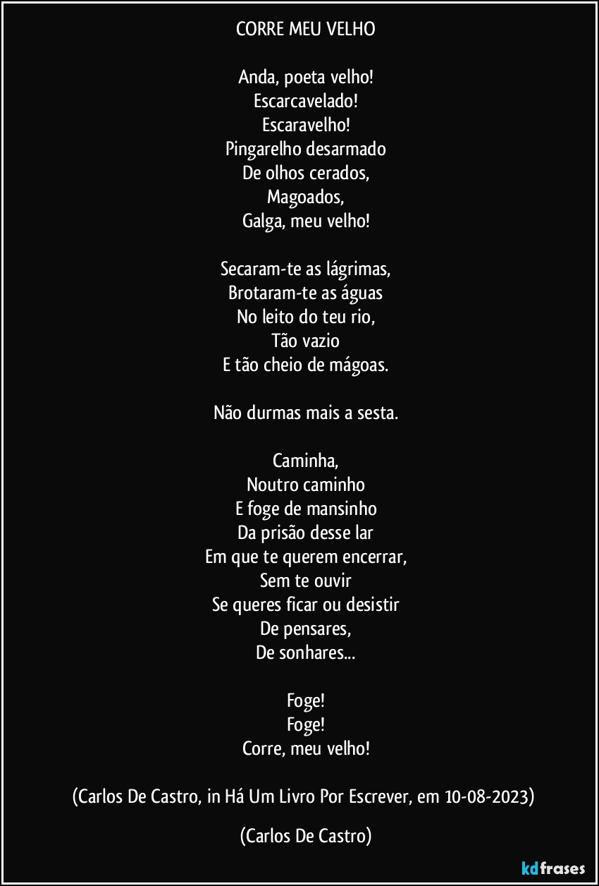 CORRE MEU VELHO

Anda, poeta velho!
Escarcavelado!
Escaravelho!
Pingarelho desarmado
De olhos cerados,
Magoados,
Galga, meu velho!

Secaram-te as lágrimas,
Brotaram-te as águas
No leito do teu rio,
Tão vazio
E tão cheio de mágoas.

Não durmas mais a sesta.

Caminha,
Noutro caminho
E foge de mansinho
Da prisão desse lar
Em que te querem encerrar,
Sem te ouvir
Se queres ficar ou desistir
De pensares,
De sonhares...

Foge!
Foge!
Corre, meu velho!

(Carlos De Castro, in Há Um Livro Por Escrever, em 10-08-2023) (Carlos De Castro)