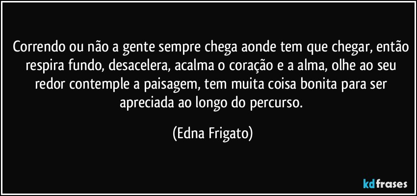 Correndo ou não a gente sempre chega aonde tem que chegar, então respira fundo, desacelera, acalma o coração e a alma, olhe ao seu redor contemple a paisagem, tem muita coisa bonita para ser apreciada ao longo do percurso. (Edna Frigato)