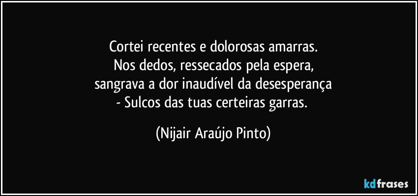 Cortei recentes e dolorosas amarras.
Nos dedos, ressecados pela espera,
sangrava a dor inaudível da desesperança
- Sulcos das tuas certeiras garras. (Nijair Araújo Pinto)