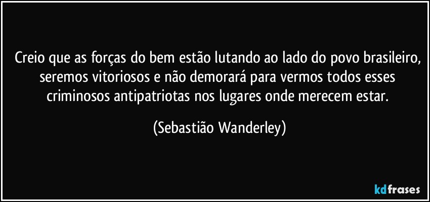 Creio que as forças do bem estão lutando ao lado do povo brasileiro, seremos vitoriosos e não demorará para vermos todos esses criminosos antipatriotas nos lugares onde merecem estar. (Sebastião Wanderley)