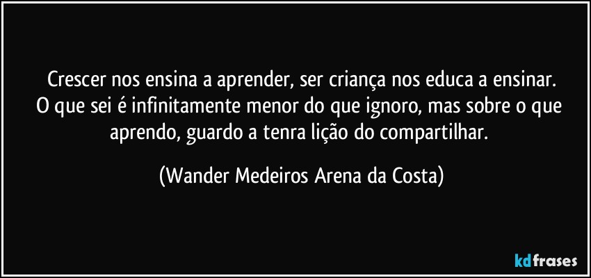 Crescer nos ensina a aprender, ser criança nos educa a ensinar.
O que sei é infinitamente menor do que ignoro, mas sobre o que aprendo, guardo a tenra lição do compartilhar. (Wander Medeiros Arena da Costa)