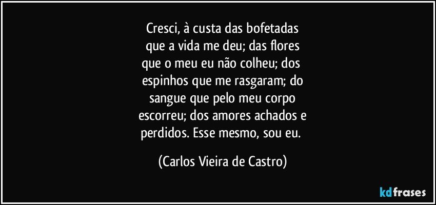 Cresci, à custa das bofetadas
que a vida me deu; das flores
que o meu eu não colheu; dos 
espinhos que me rasgaram; do
sangue que pelo meu corpo
escorreu; dos amores achados e
perdidos. Esse mesmo, sou eu. (Carlos Vieira de Castro)