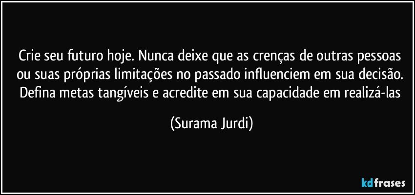 Crie seu futuro hoje. Nunca deixe que as crenças de outras pessoas ou suas próprias limitações no passado influenciem em sua decisão. Defina metas tangíveis e acredite em sua capacidade em realizá-las (Surama Jurdi)