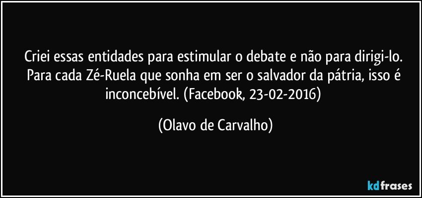 Criei essas entidades para estimular o debate e não para dirigi-lo. Para cada Zé-Ruela que sonha em ser o salvador da pátria, isso é inconcebível. (Facebook, 23-02-2016) (Olavo de Carvalho)