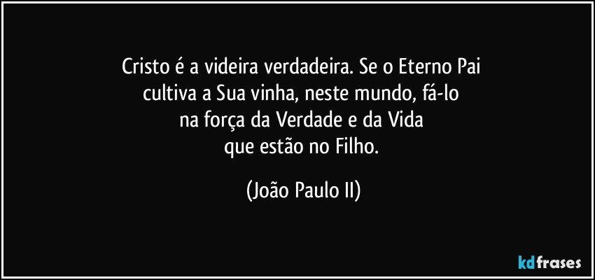 Cristo é a videira verdadeira. Se o Eterno Pai 
cultiva a Sua vinha, neste mundo, fá-lo 
na força da Verdade e da Vida 
que estão no Filho. (João Paulo II)