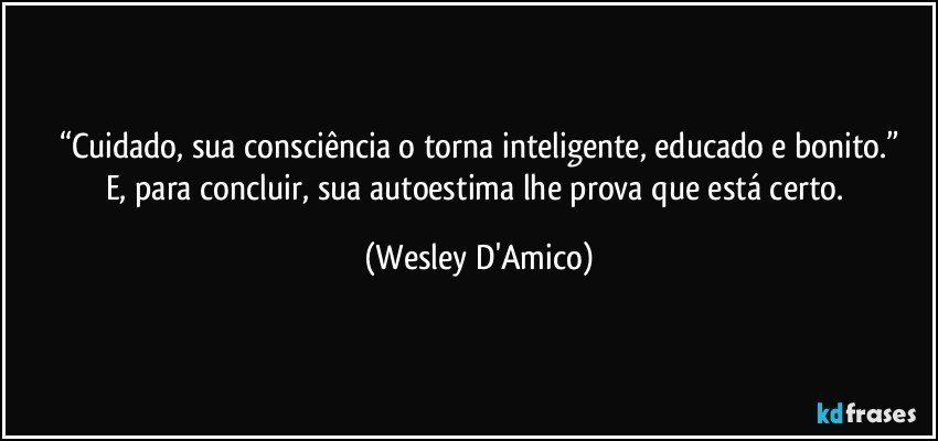 “Cuidado, sua consciência o torna inteligente, educado e bonito.”
E, para concluir, sua autoestima lhe prova que está certo. (Wesley D'Amico)