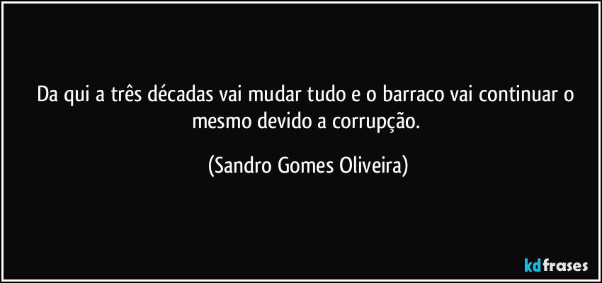 Da qui a três décadas vai mudar tudo e o barraco vai continuar o mesmo devido a corrupção. (Sandro Gomes Oliveira)