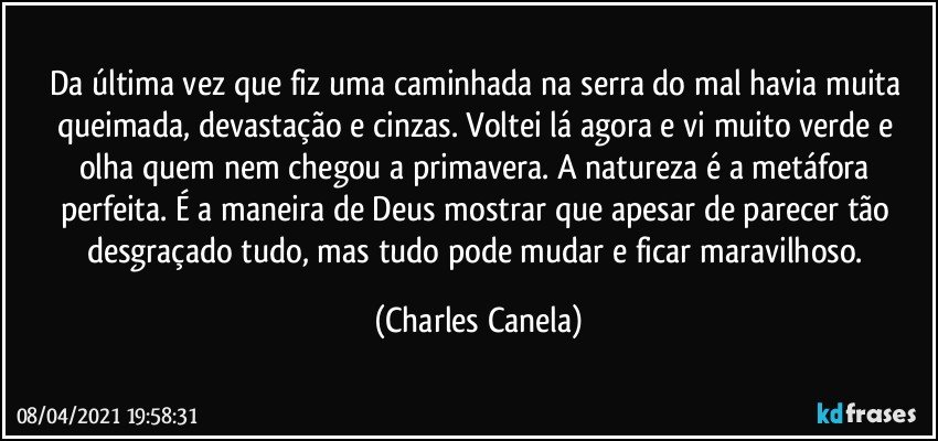 Da última vez que fiz uma caminhada na serra do mal havia muita queimada, devastação e cinzas. Voltei lá agora e vi muito verde e olha quem nem chegou a primavera. A natureza é a metáfora perfeita. É a maneira de Deus mostrar que apesar de parecer tão desgraçado tudo, mas tudo pode mudar e ficar maravilhoso. (Charles Canela)