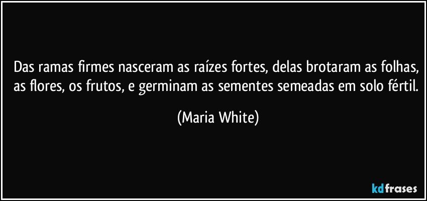 Das ramas firmes nasceram as raízes fortes, delas brotaram as folhas, as flores, os frutos, e germinam as sementes semeadas em solo fértil. (Maria White)