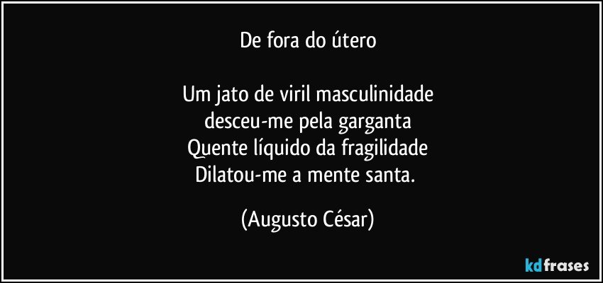 De fora do útero

Um jato de viril masculinidade
desceu-me pela garganta
Quente líquido da fragilidade
Dilatou-me a mente santa. (Augusto César)