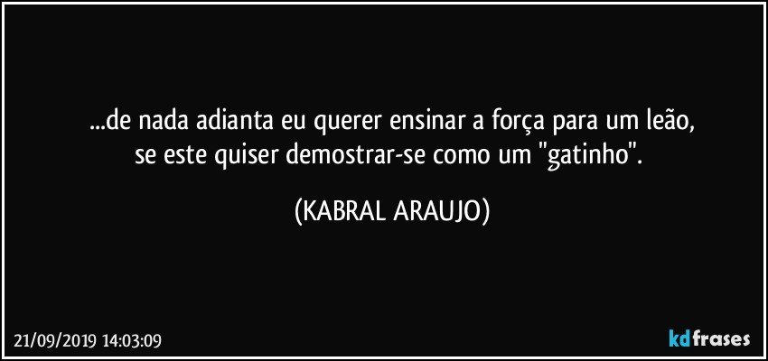 ...de nada adianta eu querer ensinar a força para um leão,
se este quiser demostrar-se como um "gatinho". (KABRAL ARAUJO)