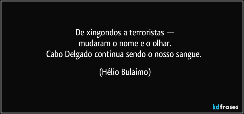 De xingondos a terroristas —
mudaram o nome e o olhar.
Cabo Delgado continua sendo o nosso sangue. (Hélio Bulaimo)