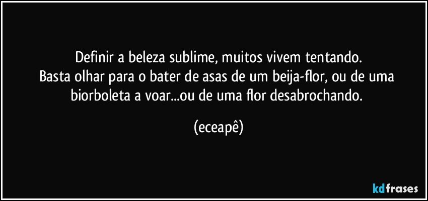 Definir a beleza sublime, muitos vivem tentando.
Basta olhar para o bater de asas de um beija-flor, ou de uma biorboleta a voar...ou de uma flor desabrochando. (eceapê)