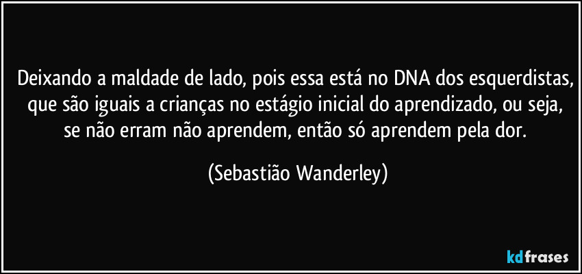 Deixando a maldade de lado, pois essa está no DNA dos esquerdistas, que são iguais a crianças no estágio inicial do aprendizado, ou seja, se não erram não aprendem, então só aprendem pela dor. (Sebastião Wanderley)