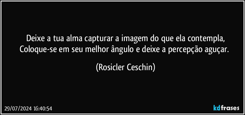 Deixe a tua alma capturar a imagem do que ela contempla,
Coloque-se em seu melhor ângulo e deixe a percepção aguçar. (Rosicler Ceschin)