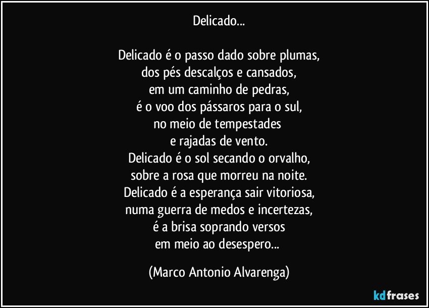 Delicado...

Delicado é o passo dado sobre plumas,
dos pés descalços e cansados,
em um caminho de pedras,
é o voo dos pássaros para o sul,
no meio de tempestades 
e rajadas de vento.
Delicado é o sol secando o orvalho,
sobre a rosa que morreu na noite.
Delicado é a esperança sair vitoriosa,
numa guerra de medos e incertezas,
é a brisa soprando versos
em meio ao desespero... (Marco Antonio Alvarenga)