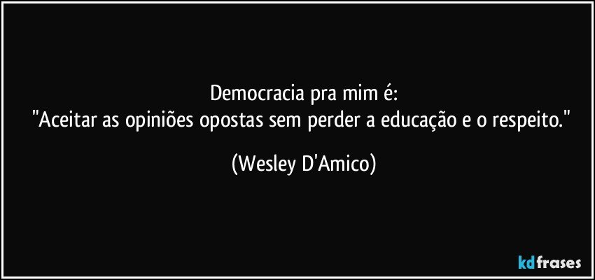 Democracia pra mim é:
"Aceitar as opiniões opostas sem perder a educação e o respeito." (Wesley D'Amico)