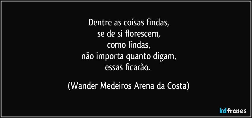 Dentre as coisas findas,
se de si florescem,
como lindas,
não importa quanto digam,
essas ficarão. (Wander Medeiros Arena da Costa)