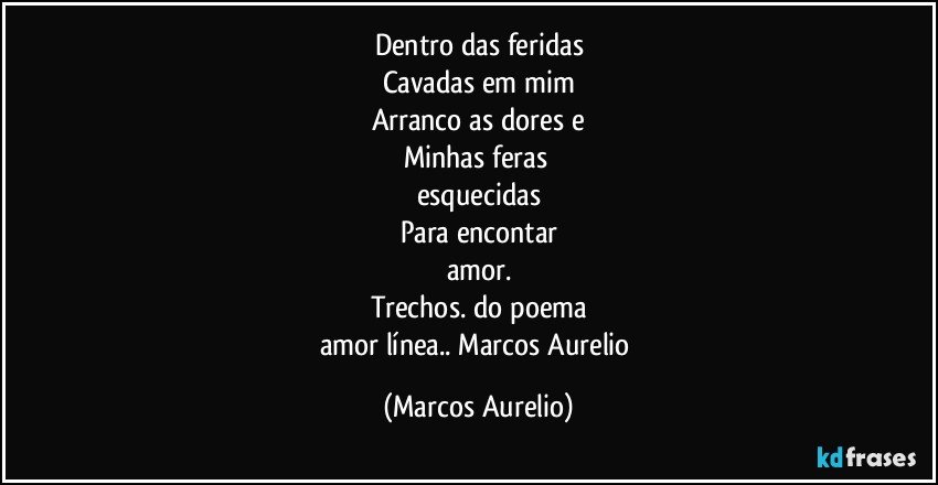 Dentro das feridas
Cavadas em mim
Arranco as dores e
Minhas feras 
esquecidas
Para encontar
amor.
Trechos. do poema
amor línea.. Marcos Aurelio (Marcos Aurelio)