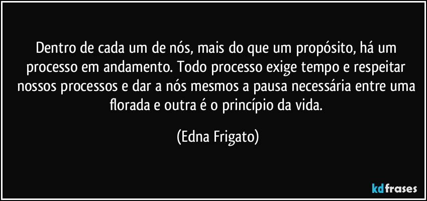 Dentro de cada um de nós, mais do que um propósito, há um processo em andamento. Todo processo exige tempo e respeitar nossos processos e dar a nós mesmos a pausa necessária entre uma florada e outra é o princípio da vida. (Edna Frigato)