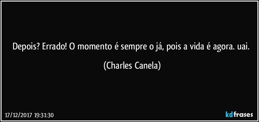 Depois? Errado! O momento é sempre o já, pois a vida é agora. uai. (Charles Canela)