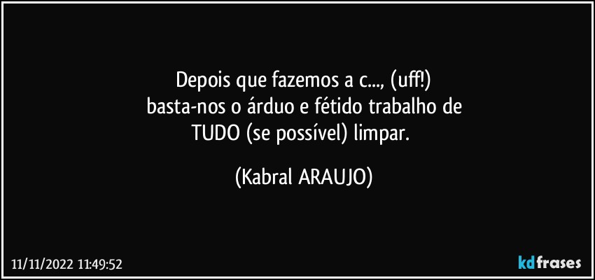 Depois que fazemos a c..., (uff!)
basta-nos o árduo e fétido trabalho de
TUDO (se possível) limpar. (KABRAL ARAUJO)