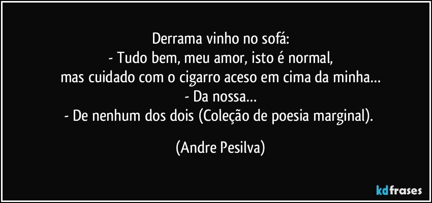Derrama vinho no sofá:
- Tudo bem, meu amor, isto é normal,
mas cuidado com o cigarro aceso em cima da minha…
- Da nossa…
- De nenhum dos dois (Coleção de poesia marginal). (Andre Pesilva)