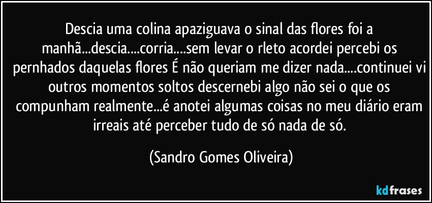 Descia uma colina apaziguava o sinal das flores foi a manhã...descia...corria...sem levar o rleto acordei percebi os pernhados daquelas flores É não queriam me dizer nada...continuei vi outros momentos soltos descernebi algo não sei o que os compunham realmente...é anotei algumas coisas no meu diário eram irreais até perceber tudo de só nada de só. (Sandro Gomes Oliveira)