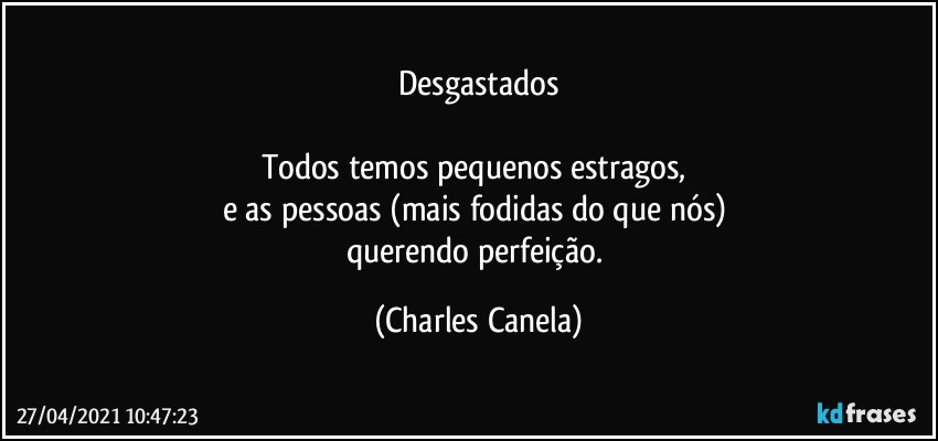 Desgastados
 
Todos temos pequenos estragos, 
e as pessoas (mais fodidas do que nós) 
querendo perfeição. (Charles Canela)