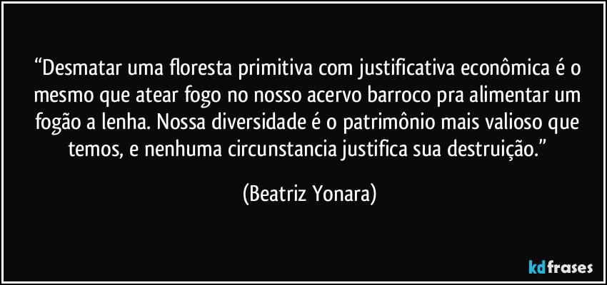 “Desmatar uma floresta primitiva com justificativa econômica é o mesmo que atear fogo no nosso acervo barroco pra alimentar um fogão a lenha. Nossa diversidade é o patrimônio mais valioso que temos, e nenhuma circunstancia justifica sua destruição.” (Beatriz Yonara)