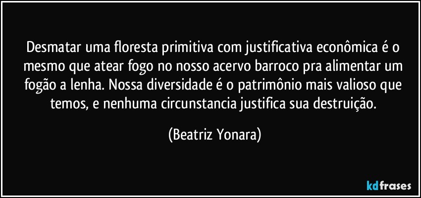 Desmatar uma floresta primitiva com justificativa econômica é o mesmo que atear fogo no nosso acervo barroco pra alimentar um fogão a lenha. Nossa diversidade é o patrimônio mais valioso que temos, e nenhuma circunstancia justifica sua destruição. (Beatriz Yonara)