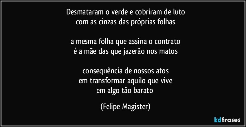 desmataram o verde e cobriram de luto
com as cinzas das próprias folhas

a mesma folha que assina o contrato
é a mãe das que jazerão nos matos

consequência de nossos atos
em transformar aquilo que vive
em algo tão barato (Felipe Magister)