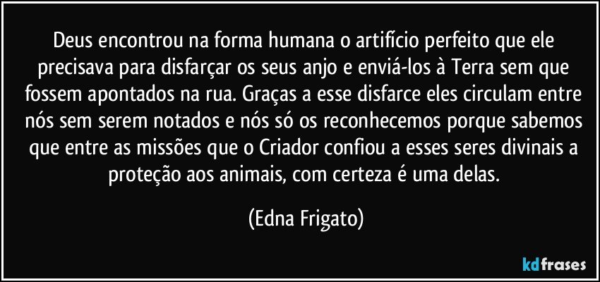 Deus encontrou na forma humana o artifício perfeito que ele precisava para disfarçar os seus anjo e enviá-los à Terra sem que fossem apontados na rua. Graças a esse disfarce eles circulam entre nós sem serem notados e nós só os reconhecemos porque sabemos que entre as missões que o Criador confiou a esses seres divinais a proteção aos animais, com certeza é uma delas. (Edna Frigato)