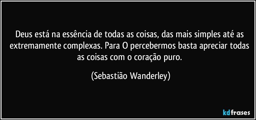 Deus está na essência de todas as coisas, das mais simples até as extremamente complexas. Para O percebermos basta apreciar todas as coisas com o coração puro. (Sebastião Wanderley)