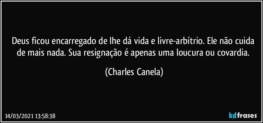 Deus ficou encarregado de lhe dá vida e livre-arbítrio. Ele não cuida de mais nada. Sua resignação é apenas uma loucura ou covardia. (Charles Canela)