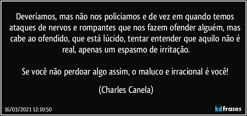 Deveríamos, mas não nos policiamos e de vez em quando temos ataques de nervos e rompantes que nos fazem ofender alguém, mas cabe ao ofendido, que está lúcido, tentar entender que aquilo não é real, apenas um espasmo de irritação.
 
Se você não perdoar algo assim, o maluco e irracional é você! (Charles Canela)