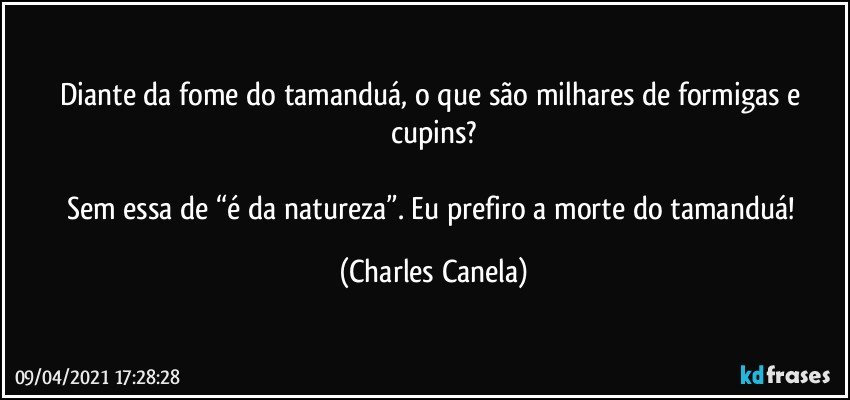 Diante da fome do tamanduá, o que são milhares de formigas e cupins?

Sem essa de “é da natureza”. Eu prefiro a morte do tamanduá! (Charles Canela)