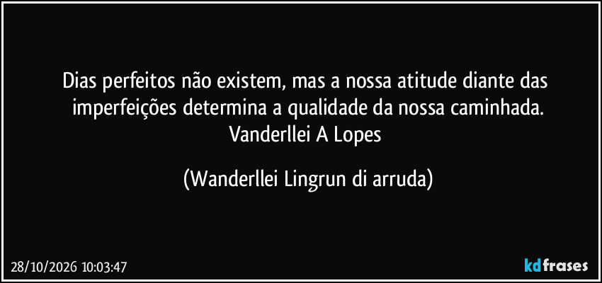 Dias perfeitos não existem, mas a nossa atitude diante das imperfeições determina a qualidade da nossa caminhada.
Vanderllei A Lopes (Wanderllei Lingrun di arruda)