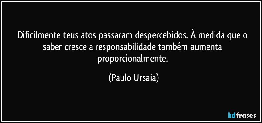 Dificilmente teus atos passaram despercebidos. À medida que o saber cresce a responsabilidade também aumenta proporcionalmente. (Paulo Ursaia)