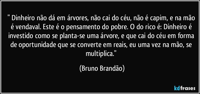 " Dinheiro não dá em árvores, não cai do céu, não é capim, e na mão é vendaval. Este é o pensamento do pobre. O do rico é: Dinheiro é investido como se planta-se uma árvore, e que cai do céu em forma de oportunidade que se converte em reais, eu uma vez na mão, se multiplica." (Bruno Brandão)