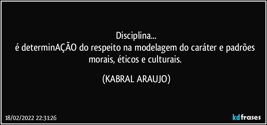 Disciplina...
é determinAÇÃO do respeito na modelagem do caráter e padrões morais, éticos e culturais. (KABRAL ARAUJO)