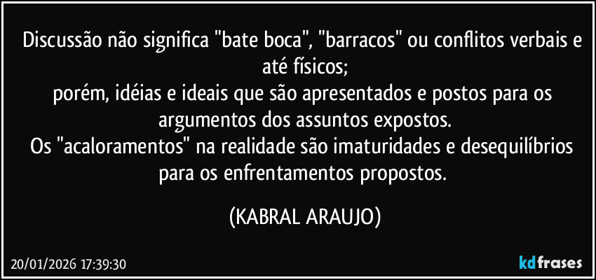 Discussão não significa "bate boca", "barracos" ou conflitos verbais e até físicos;
porém, idéias e ideais que são apresentados e postos para os argumentos dos assuntos expostos.
Os "acaloramentos" na realidade são imaturidades e desequilíbrios para os enfrentamentos propostos. (KABRAL ARAUJO)