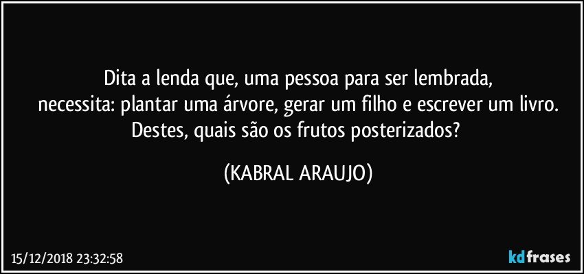 Dita a lenda que, uma pessoa para ser lembrada,
necessita: plantar uma árvore, gerar um filho e escrever um livro.
Destes, quais são os frutos posterizados? (KABRAL ARAUJO)