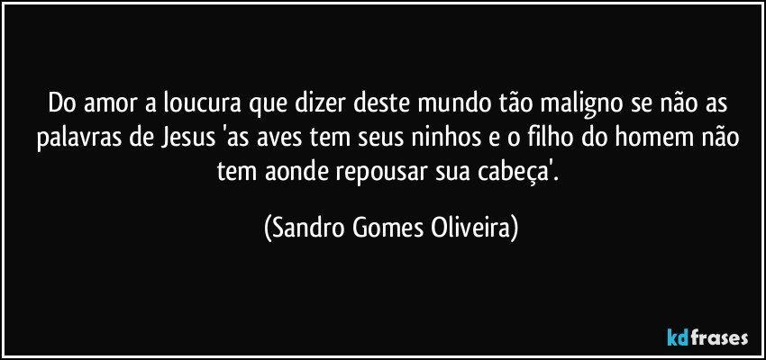 Do amor a loucura que dizer deste mundo tão maligno se não as palavras de Jesus 'as aves tem seus ninhos e o filho do homem não tem aonde repousar sua cabeça'. (Sandro Gomes Oliveira)