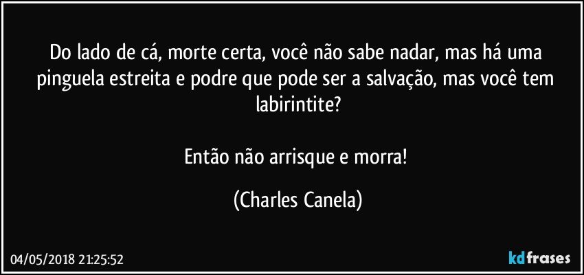 Do lado de cá, morte certa, você não sabe nadar, mas há uma pinguela estreita e podre que pode ser a salvação, mas você tem labirintite?

Então não arrisque e morra! (Charles Canela)