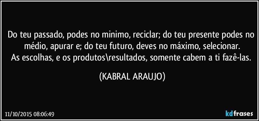 Do teu passado, podes no minimo, reciclar; do teu presente podes no médio, apurar e; do teu futuro, deves no máximo, selecionar.
As escolhas, e os produtos\resultados, somente cabem a ti fazê-las. (KABRAL ARAUJO)