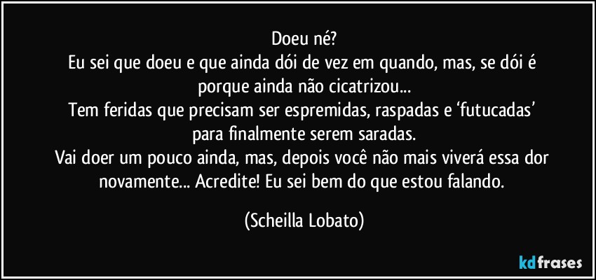 Doeu né?
Eu sei que doeu e que ainda dói de vez em quando, mas, se dói é porque ainda não cicatrizou...
Tem feridas que precisam ser espremidas, raspadas e ‘futucadas’ para finalmente serem saradas.
Vai doer um pouco ainda, mas, depois você não mais viverá essa dor novamente... Acredite! Eu sei bem do que estou falando. (Scheilla Lobato)