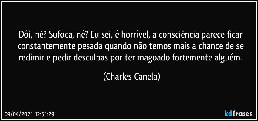 Dói, né? Sufoca, né? Eu sei, é horrível, a consciência parece ficar constantemente pesada quando não temos mais a chance de se redimir e pedir desculpas por ter magoado fortemente alguém. (Charles Canela)