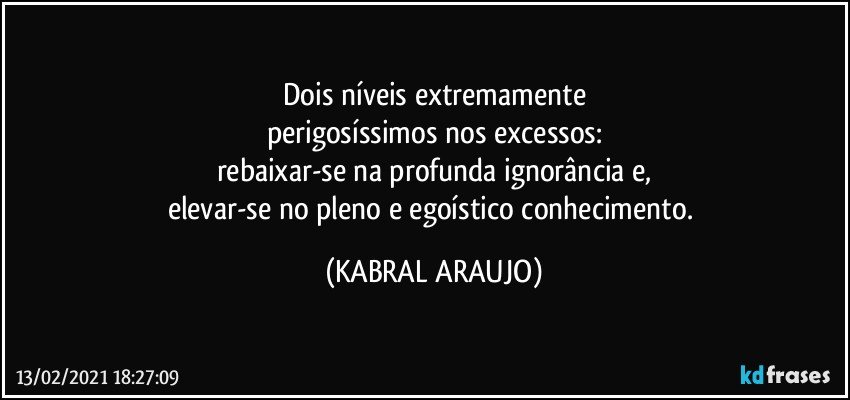 Dois níveis extremamente
perigosíssimos nos excessos:
rebaixar-se na profunda ignorância e,
elevar-se no pleno e egoístico conhecimento. (KABRAL ARAUJO)